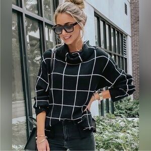 Plaid Check Pullover Knit Turtleneck Sweater